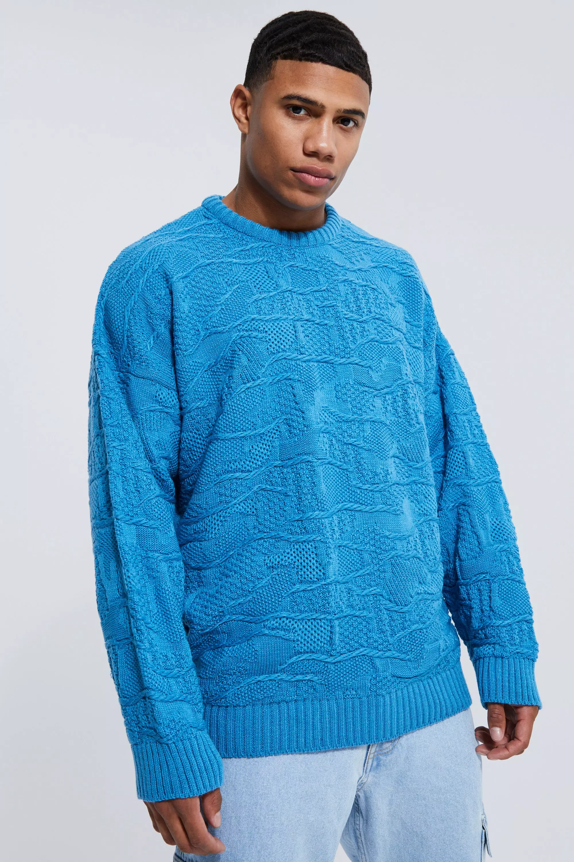 Geo Jacquard Cable Knitted Jumper boohooMAN IE